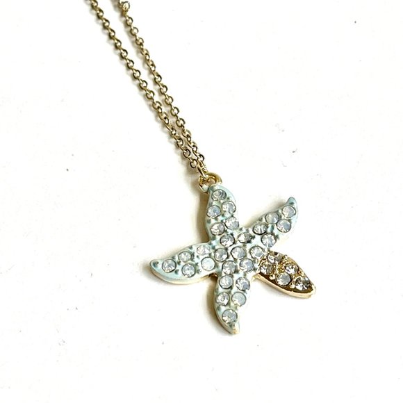 Starfish Necklace Aqua Crystal Pendant 18" Beach Sea Life Island Gold Plated - Picture 2 of 8